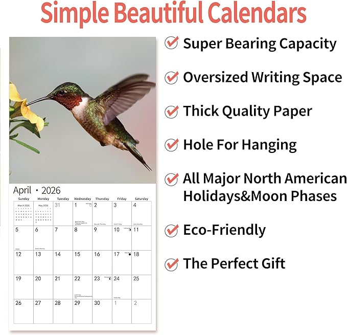 2026 Wall Calendar,Calendar 2026, November 2025 - December 2026, Wall Calendar Hummingbird, 12" x 24" Opened,Full Page Months Thick & Sturdy Paper for Calendar Organizing & Planning