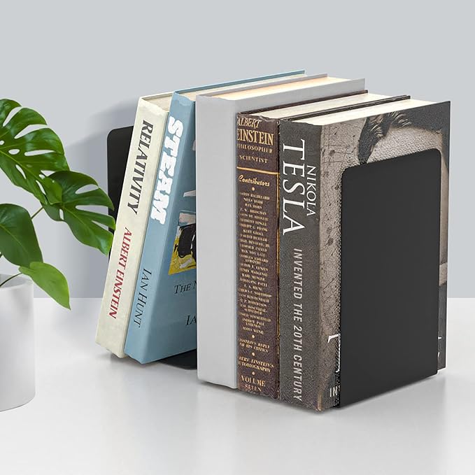 VFINE Metal Bookends 2 Pairs, Black Book Ends, Bookends for Shelves, Book Stopper for Heavy Books, Book Dividers for Home Office School Supplies