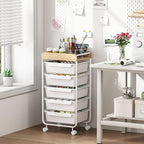 Rolling Storage Utility Cart With 5 Drawers,Craft Cart with Wheels,Makeup Organizer,Art Supply And Storage Wooden Tabletop,White