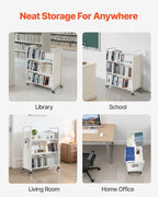 VEVOR Rolling Library Book Cart, 330 lbs Capacity, 38.2 x 20.3 x 48.2-Inch Library Cart, Double Sided W-Shaped Shelves with 3-Inch Lockable Wheels, Book Truck for Home Shelves Office and School, White