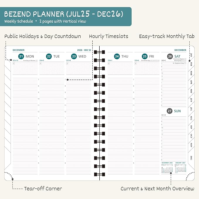 BEZEND 2026 Planner Weekly and Monthly (6" x 8.5") Daily Calendar Book with Tabs (Jul 25-Dec 26) Vertical Hourly Timeslots, Storage Pocket, Pen Holder, Spiral, PU Leather Softcover - Lavender