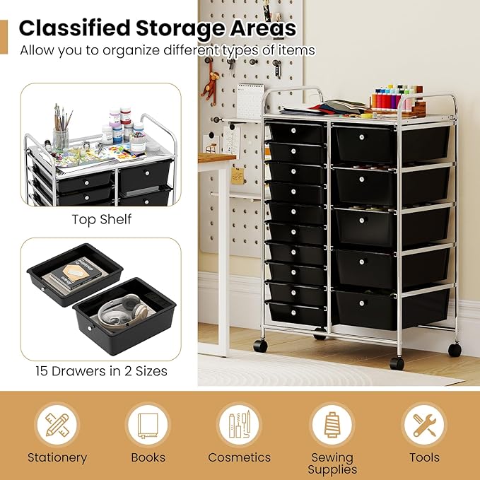 Giantex 15 Drawer Rolling Cart with Drawers, Storage Organizer Cart for Classroom Office School Teacher, Mobile Drawer Cart for Tools, Crafts, Small Printer, Black