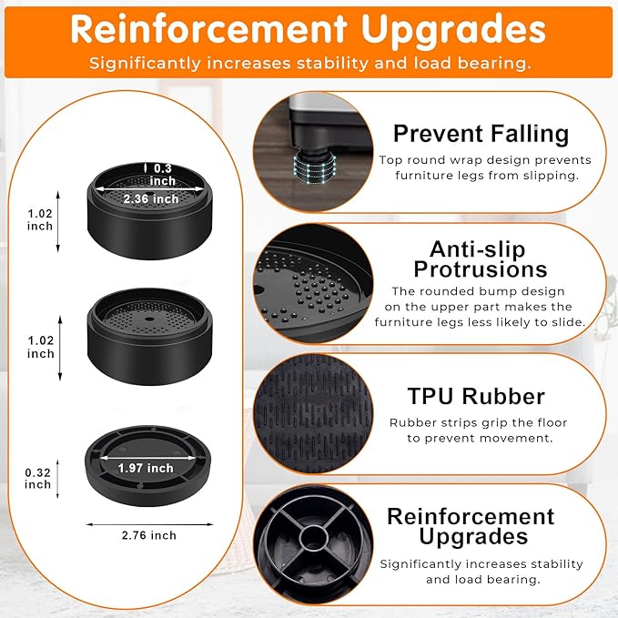 Furniture Risers Bed Risers Heavy Duty 1 inch, 2 inch, 3 inch, 4 inch Round Adjustable Bed Lifts Riser for Desk Legs Table Couch Sofa Chair Refrigerator Washing Machine (1+1+1+1 Inch, Black, 4 Pack )