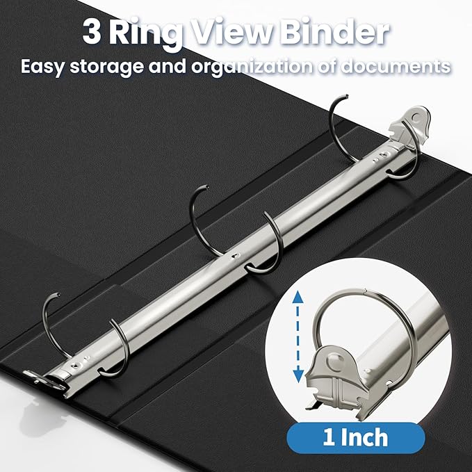 SUNEE Black Binders 1 Inch 24 Pack Bulk, Clear View 3 Ring Binders PVC-Free (Fit 8.5x11 Inches) for School or Office Supplies