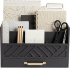 BLU MONACO | Grey Wooden Desk Organizer With Drawer | MDF Wood Desktop Organizer With Gold Handle | Multi-Compartment Desk Storage For Office Stationery | Home Office Organization