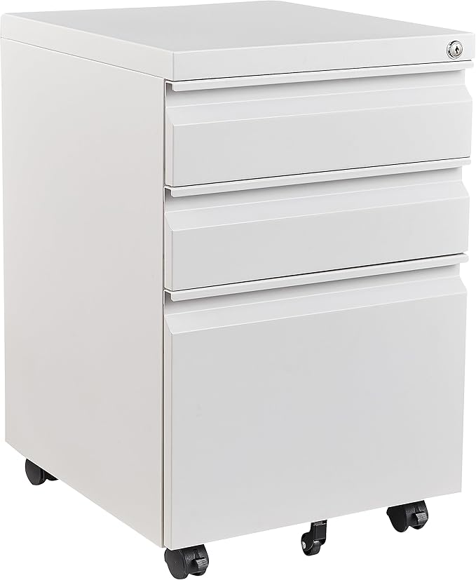 Fesbos 3 Drawer Mobile Metal File Cabinet, White Filling Cabinets with Lock, Pre-Built Office Storage File Cabinet with Wheels Under Desk - Assembled Required