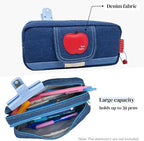 Haumei Canvas Pencil Case Large Capacity, Big Denim Pen Pouch with Zipper, Cute Durable Portable Stationary Storage Bag Organizer for Adults Women, Dark Blue, Apple