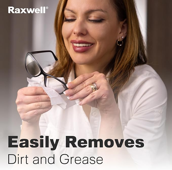 Raxwell Lens Wipes for Glasses - Streak-Free Glasses Cleaner - No-Residue Lens Cleaner - Portable Screen Wipes for Electronics - 200 Count, White, Unscented