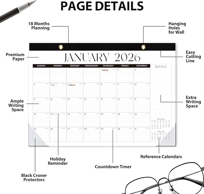 2026 Desk Calendar, 18 Monthly Calendar Runs from January 2026 to June 2027, Large 17" X 12" Desktop/Wall Calendars Easy Scheduling & Notes, Ideal for School, Home and Office - Classic Black
