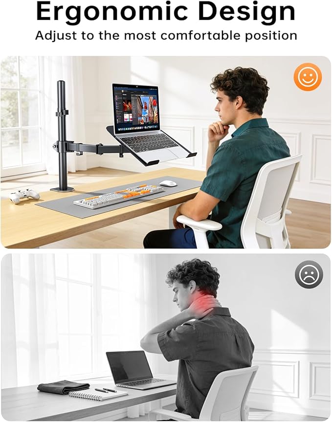 H&C(hcck&Cllassp) Laptop Desk Mount for 11"-17" Notebook, Fully Adjustable with Tilt, Swivel, Rotation, Extension, Single Laptop Arm with Vented Tray, C-clamp, Black