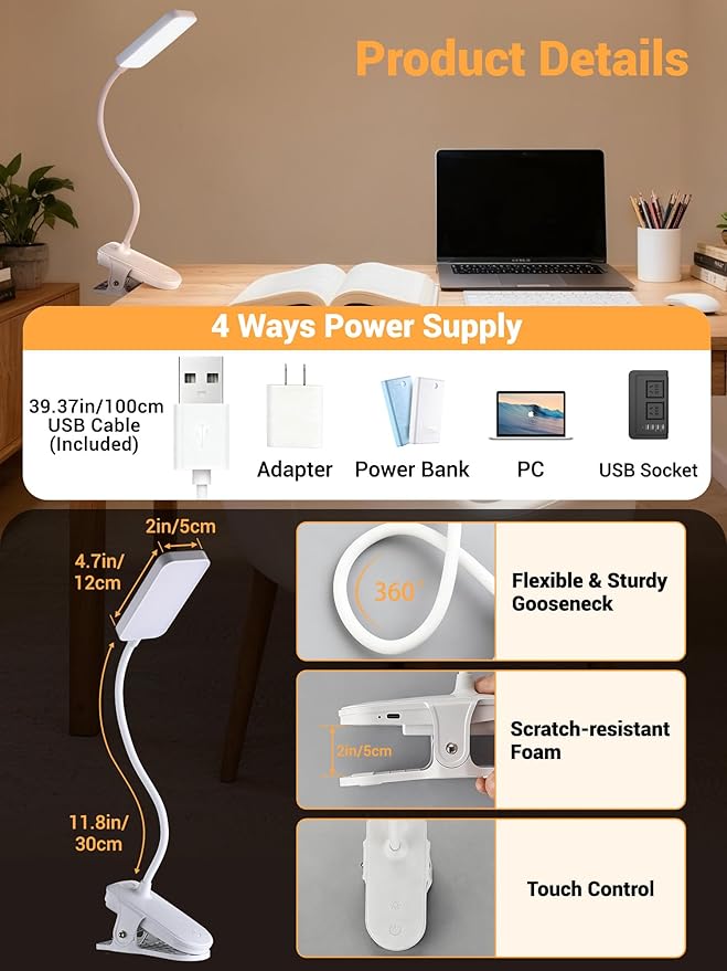 ReinHoo Clip on Lamp,9 Brightness+5 Color Clamp Light,4000mAh Battery Rechargeable Desk Lamp with Clamp,450 Lumen 48 LED Desk Light,Cordless Clip on Reading Lights for Bed/Headboard/Bedside Table
