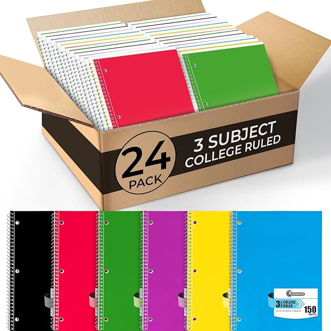 Rosmonde 24 Pack 3 Subject Spiral Notebook College Ruled Bulk, Thick No-Bleed Paper, Extra Pages - 300 Pages (150 Sheets), 8 x 10-1/2", Bulk Spiral Journal for School, 3 Hole Punched, Bulk Notebooks