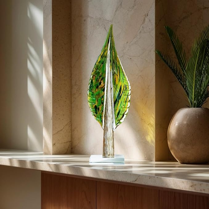 QFkris Blown Glass Tree of Life Leaf Sculpture for Home Decor, 16inch Hand Blown Glass Art Decorative Statue for Book Shelf Living Room Office Desk Home Decoration Accents Collectible Figurines
