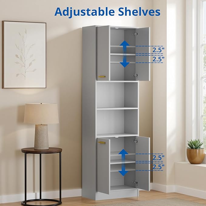 Cozy Castle Kitchen Pantry Cabinet, 75" Tall Wood Storage Cabinet with Doors and Shelves, 4 Doors Open Countertop Utility Hutch Cupboard for Dining Room Living Room Bathroom Furniture, Gray