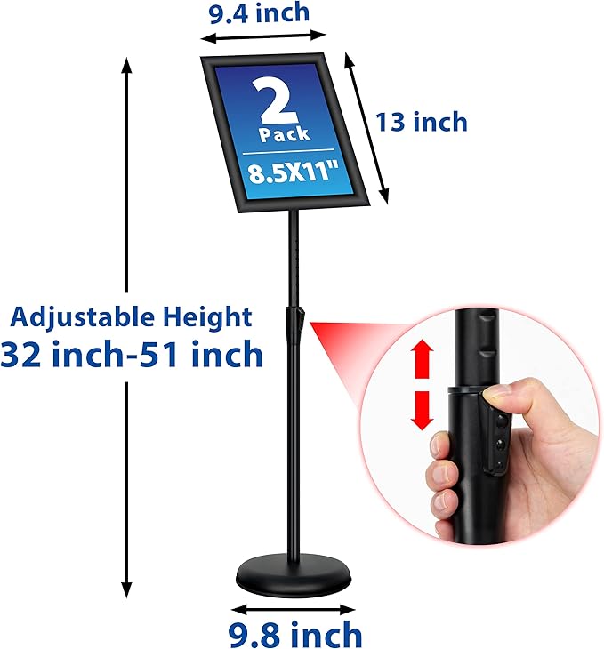 VAIIGO 2Pack 8.5x11 Inch Adjustable Pedestal Poster Sign Stand, Heavy Duty Floor Standing Sign Holder Stand Aluminum Snap Open Frame for Vertical and Horizontal View Sign Displayed(Black)