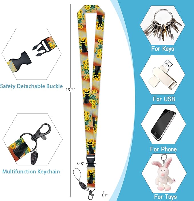 Black Cat Lanyards for ID Badges, Badge Holder with Lanyard Detachable, Badge Reel Retractable Keychain Clip, Vertical Cruise Ship Cards Holder Protector Name Tags, Teacher Nurse Office Women Gifts