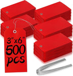 500 Plastic Shipping Tags with Wire - Waterproof Heavy Duty Labels with String Wires - Red, 3x6