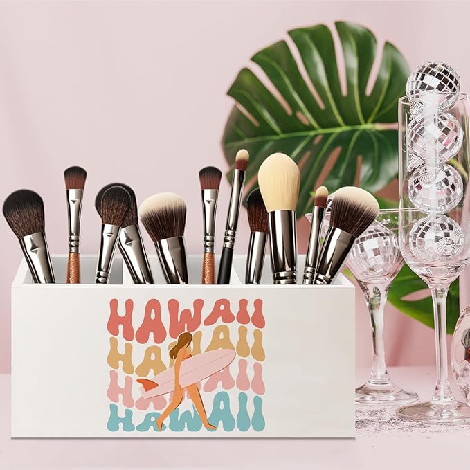 URLLUAE Hawaii Aloha Surf Girl Beach Wooden Pen Pencil Holder for Office Desk Accessories, Gifts for Beach Lovers Surf Enthusiasts Surfers Makeup Brush Toothbrush Holder Organizer