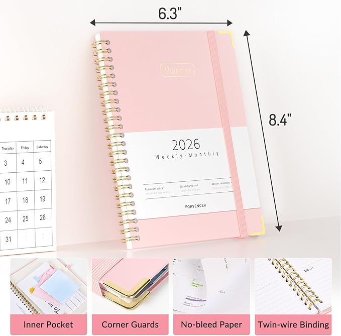 Forvencer 2026 Planner, Hardcover Calendar Planner Weekly and Monthly, Jan 2026 - Dec 2026, 6" x 8", Spiral Agenda Book with Tabs, Exquisite Daily Journal Organizer for Home School, Purple Marble