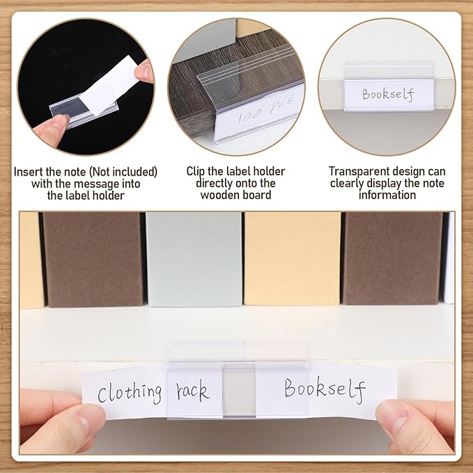 Weysat 100 Pcs Wood Shelf Label Holders Clear Plastic Price Tag 2.4 in L x 1 in H for Bookshelf Shelves, Wood Shelf Sign and Ticket Holder, Clips On to Shelves 3/4" to 1" Thick