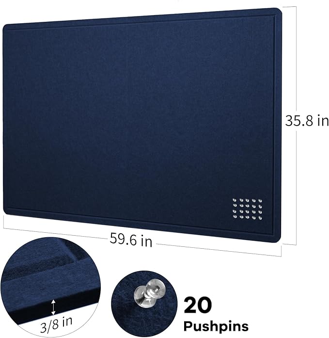 Large Bulletin Board - 60 x 36 Inches, Decorative Felt Pin Board for Wall - 5' x 3' Foldable Photo Display Board with Self-Adhesive Tape, Includes 20 Push Pins - Dark Blue