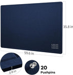 Large Bulletin Board - 60 x 36 Inches, Decorative Felt Pin Board for Wall - 5' x 3' Foldable Photo Display Board with Self-Adhesive Tape, Includes 20 Push Pins - Dark Blue