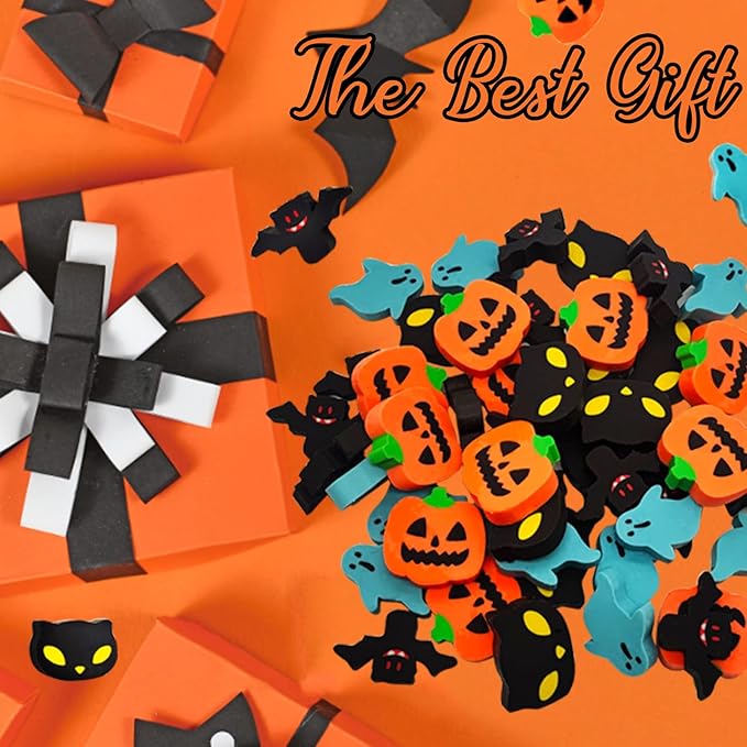 Halloween Mini Erasers for Kids - 4 Styles Cute Pumpkin Ghost Bat Erasers, Trick or Treat Party Favors, Goody Bag Filler 48pcs, Decorations