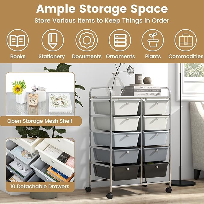 HAPPYGRILL 10-Drawer Rolling Storage Cart, Storage Organizer Cart with Lockable Wheels, Beauty Salon Movable Utility Cart for School, Office, Home, (Grey Gradient)