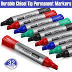 Fuutreo 32 Pcs Jumbo Permanent Markers Bulk Large Chisel Tip Permanent Markers Waterproof Jumbo Pens Quick Drying Office Supplies(Black, Green, Blue, Red)