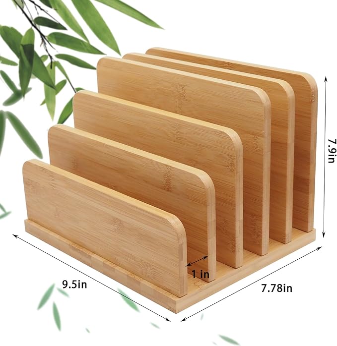 Deefielly Desk File Mail Organizer Countertop, 5 Slots Bamboo Folder Sorter Holder for Letter, Envelope, Paper, Bill Filing, Desktop Tray Organizer for Office & Home