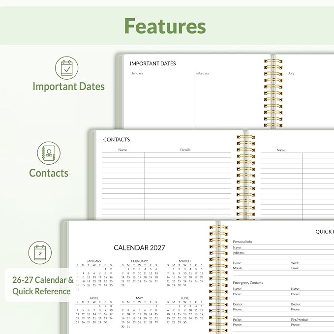 SUNEE 2026 Planner, Weekly and Monthly Calendar Planner, January 2026-December 2026, Daily Agenda with Tabs, Note Pages, Spiral Binding, 8.5"x11", Green