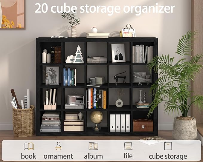 Sturdy Wooden Bookshelf - 20-Cube Storage Organizer with Bins & Multifunctional Cubicle Rack for Living Room, Bedroom or Office - Black