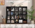 Sturdy Wooden Bookshelf - 20-Cube Storage Organizer with Bins & Multifunctional Cubicle Rack for Living Room, Bedroom or Office - Black