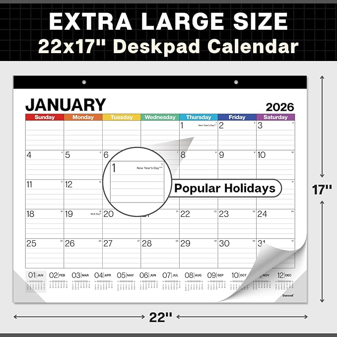 Dunwell 2026 Desk Calendar 22x17, Large Monthly Desk Blotter or Hanging Wall Calendar, Colorful Design, Jan–Dec 2026, Lined Daily Blocks, Easy to Read