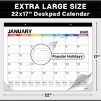 Dunwell 2026 Desk Calendar 22x17, Large Monthly Desk Blotter or Hanging Wall Calendar, Colorful Design, Jan–Dec 2026, Lined Daily Blocks, Easy to Read