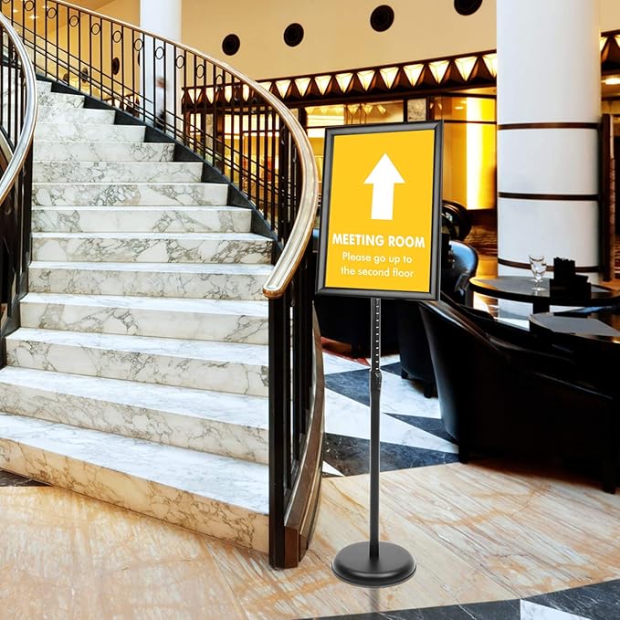 DISPLAYSWORKER Sign Stand, Sign Holder Floor Stand with Heavy Duty Pedestal ,Adjustable Pedestal Poster Stand Aluminum Snap Frame for 8.5 x 11 Inch, Black