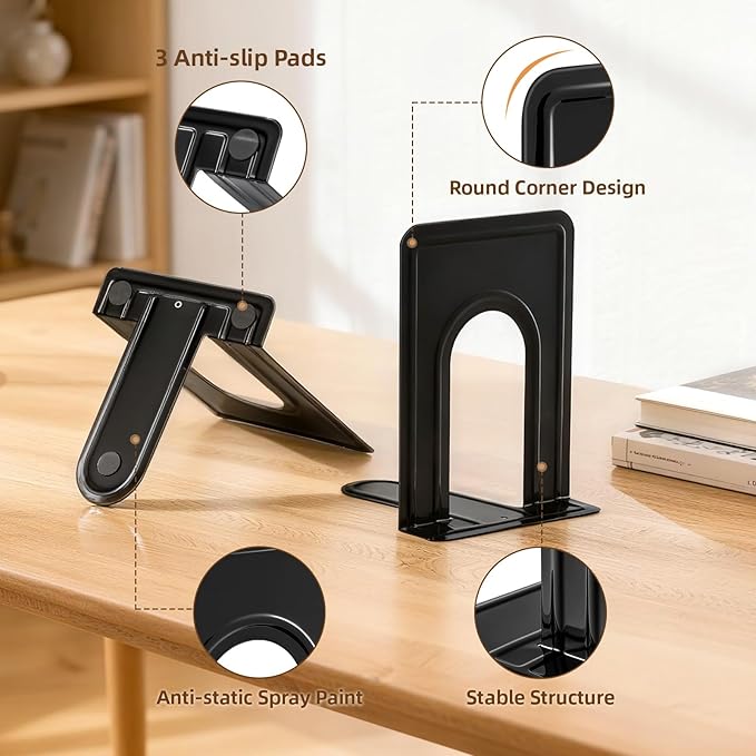 HappyHapi Book Ends, Metal Bookends for Shelves, Non-Skid Book End to Hold Books, Black Book Stopper/Holder for Office Home Kitchen, 5.7X 4.9 X 6.5 in, 3 Pair(6 Pcs, Large)