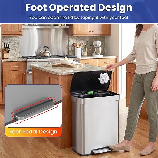 PayLessHere Dual Compartment Recycling Trash Can with Removable Buckets, 60L Stainless Steel Foot Pedal Trash Can with Soft-Close Lid for Home, Kitchen, Office, Bathroom.