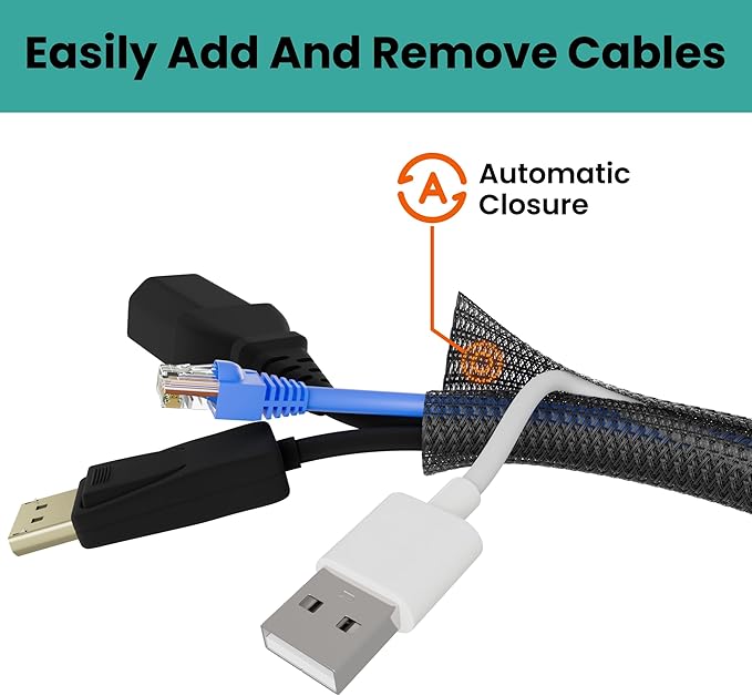 Cable Management Sleeve 25ft (300 inch) - 1/2 inch, PET Expandable Braided Cord Organizer, Split Wire Loom Tubing Reversible Cord Protector for TV USB PC Ethernet Cable Hider Protect Pets Kids