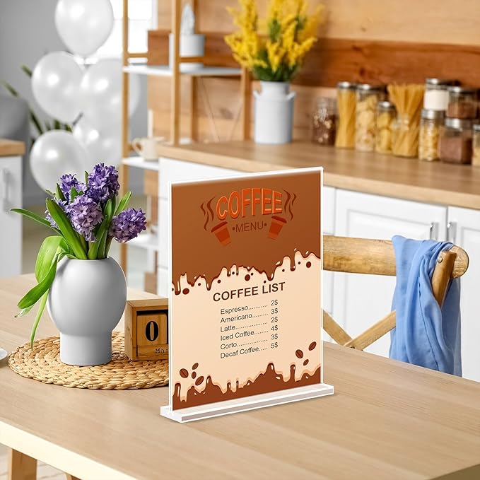 Enayplon Acrylic Sign Holder 8.5 x 11, Double Sided Sign Holder Stand, Plastic 10 Pack Table Paper Stand, Vertical Menu Flyer Stand, T Shape Table Flyer Holder