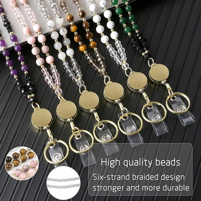 AIDSOTOU Lanyards for ID Badges and Keys,Natural Stone Beaded Teacher Lanyard for Women,Retractable Lanyard with ID Holder Cute Lanyards for Teachers (White)