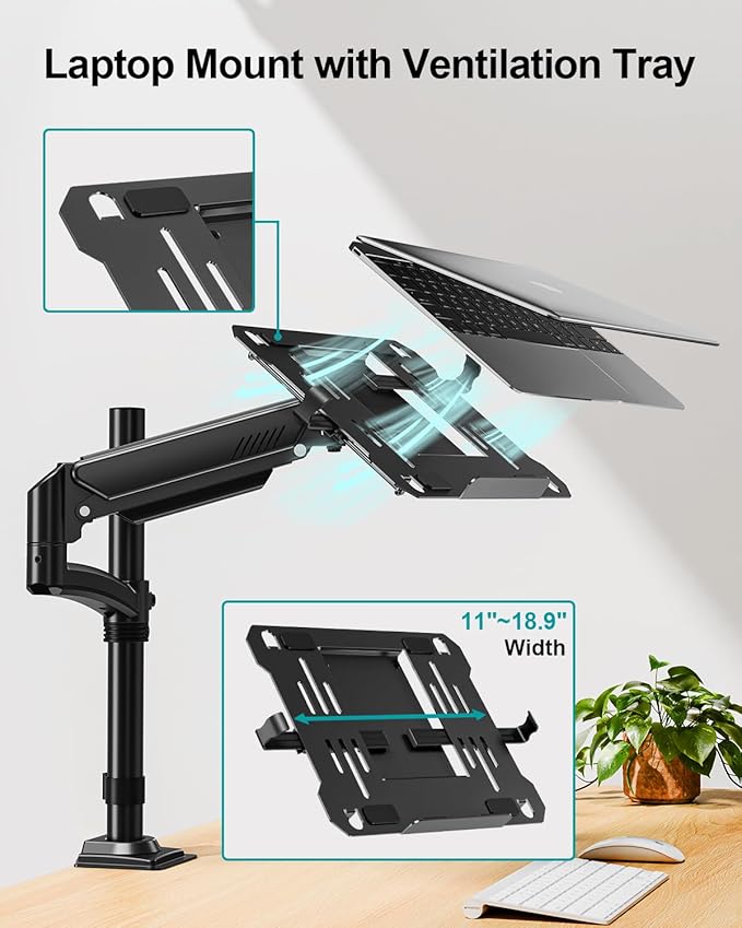 MOUNT PRO Laptop Arm Desk Mount, Single Monitor Stand with VESA Laptop Tray, Adjustable Lap Top Holder for Max 22lbs 17" Notebook & 32" Computer Screen, Swivel Notebook Bracket, Clamp on/Grommet Base