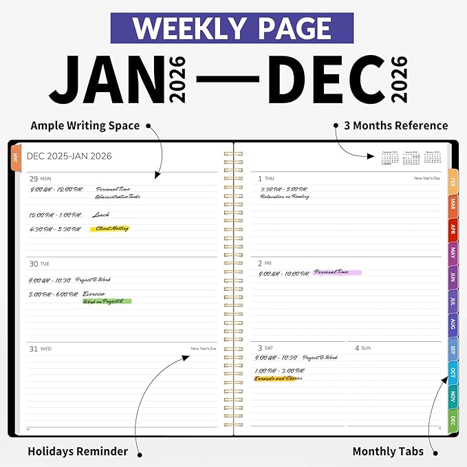 GNL 2026 Planner, Weekly and Monthly Planner January - December 2026, 8.5" x 11" Monthly Planner with Waterproof Flexible Cover, Spiral Binding Notebook with Colorful Tab, Pockets, Bookmark, Black