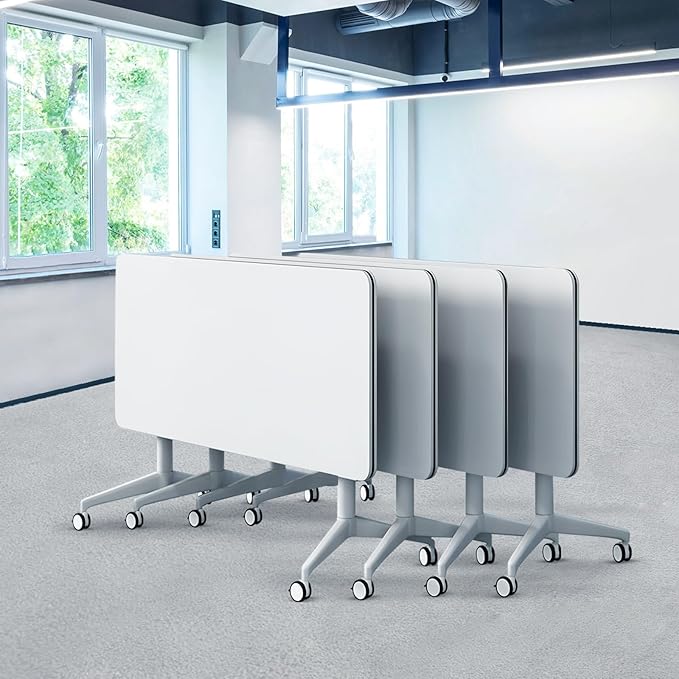 Goakwwuz Conference Room Table, Folding Conference Tables,Thicken Grey Tabletop,Flip Top Wooden Seminar Meeting Room Table for Conference Room Offices (4, White, 70.8”)