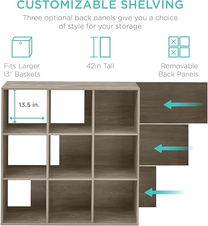 Best Choice Products 9-Cube Storage Organizer, 13.5in Shelf Opening, Bookcase, Display Shelf, Customizable w/ 3 Removable Back Panels – Greige