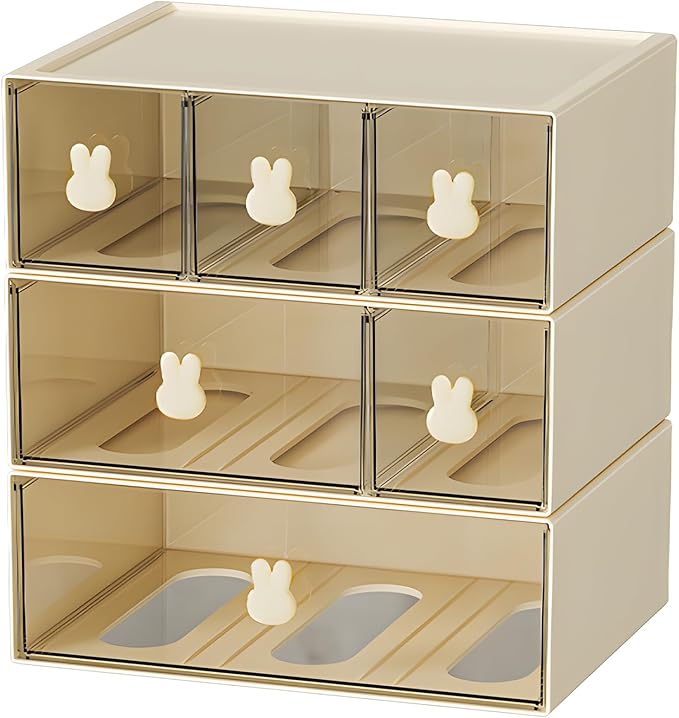 OSteed Desktop Drawers, Desk Organizer with 6 Drawers & Bunny Handles, Stackable Craft Storage Box for Home Collection, Cosmetics, Office Supplies (3 Tiers, Cream & Clear)