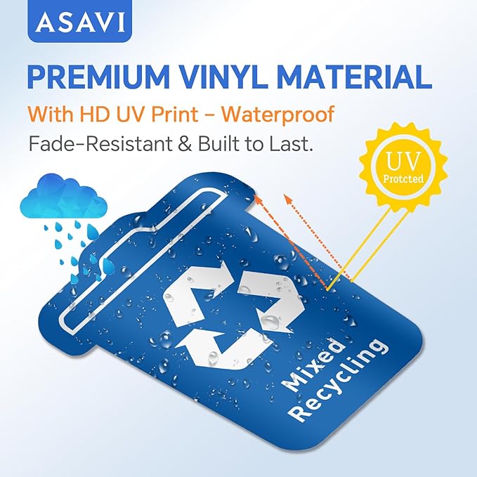 ASAVI Trash Sorting Stickers (6-Pack) – 6x4.8 Waterproof Vinyl Waste Labels with Strong Adhesive, Durable Outdoor/Indoor Use, Icon-Based Design for Home, Office, Commercial Bins (Bucket-Shaped)