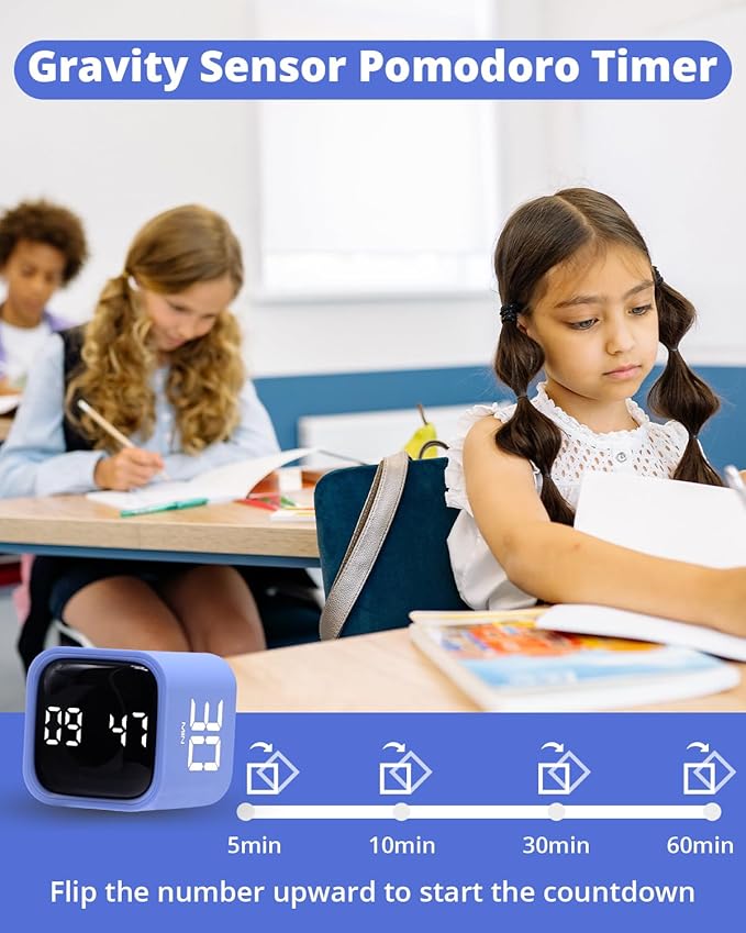 Productivity Timer Flip Gravity Sensor Cube Timer Countdown & Countup,Mute & Vibrate & Sound，5/10/30/60min & Custom Timing, Perfect for ADHD,Work,Learning,Kitchen Cooking (2 Blue)