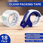 RAZCC Clear Packing Tape, 18 Rolls Heavy Duty Packaging Tape with Dispensers for Packing Shipping Moving and Sealing, Thicker Packing Tape-2" x 65 Yards Per Roll, 1170 Total Yards