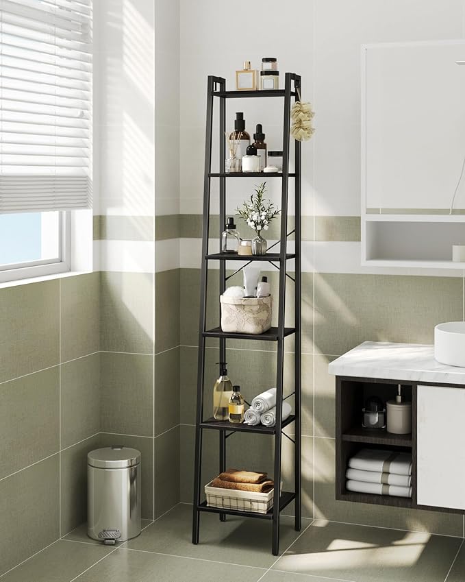 Hzuaneri Ladder Shelf, Bookshelf Bookcase, Freestanding Corner Storage Shelve with 2 Hooks for Home Office, Living Room, Kitchen, Bedroom, Industrial, 11.8" D x 13.4" W x 72.8" H, Black BC13304B